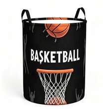1PC Collapsible Basketball Themed Laundry Basket, Stylish Basketball Print Storage Hamper, Multifunctional Organizer For Dirty Clothes, Toys And Sundries, Perfect Home Decor And Bedroom Decor - Black - View 7