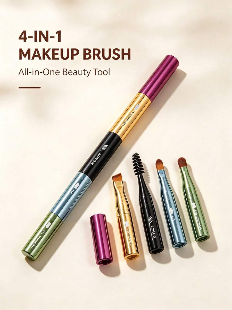 1pc 4-In-1 Portable Makeup Brush Set, Lightweight Detachable Design, Multi-Functional Makeup Tool, Suitable For Eyeshadow, Eyebrow, Lip And Eyeliner, Perfect For On-The-Go Makeup