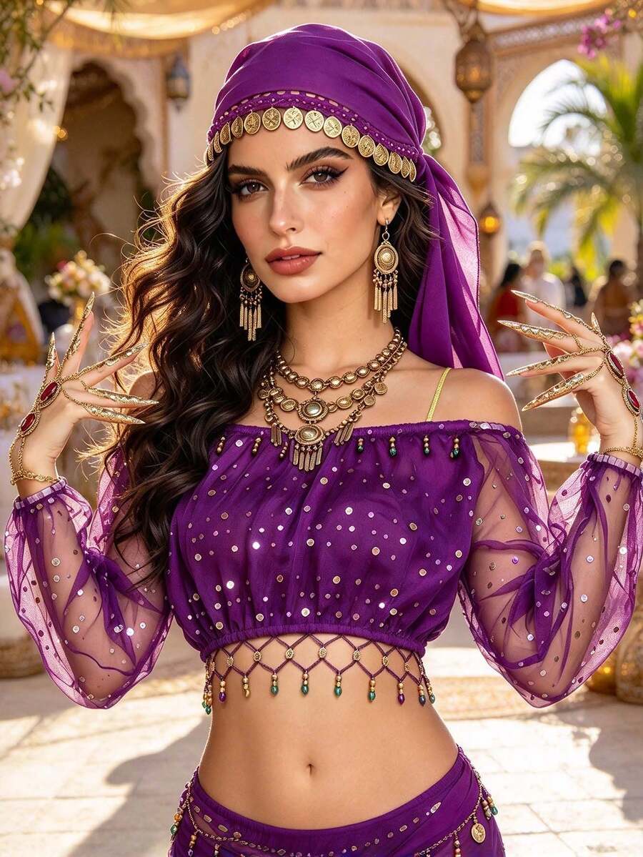 Sequin Off Shoulder Sheer Mesh Crop Top Tassel Hem, Coin Trim Turban Headscarf Veil, Outdoor Courtyard Party Dance Wear, Multi-Color Available - Multicolor - View 1