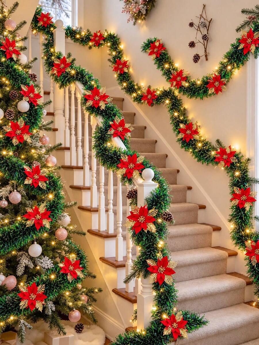 Christmas Wreath Set, Featuring Green Sequins And Red & Gold Glitter Poinsettia, Suitable For Christmas Tree, Fireplace Mantel, Stair Railing And Porch Holiday Decor - Multicolor - View 1