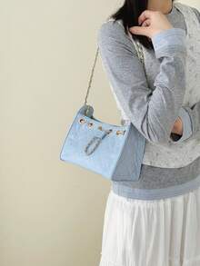 Tas X.Y. Wanita Biru PU Bucket Bag Motif Berlian dengan Tali Rantai dan Tali Serut untuk Perjalanan Sehari-hari dan Kencan - Baby Blue - View 3