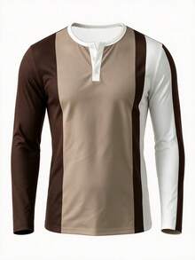 Men's Long Sleeve T-Shirt Color Block Patchwork Button Crew Neck Casual Top - Multicolor - View 5