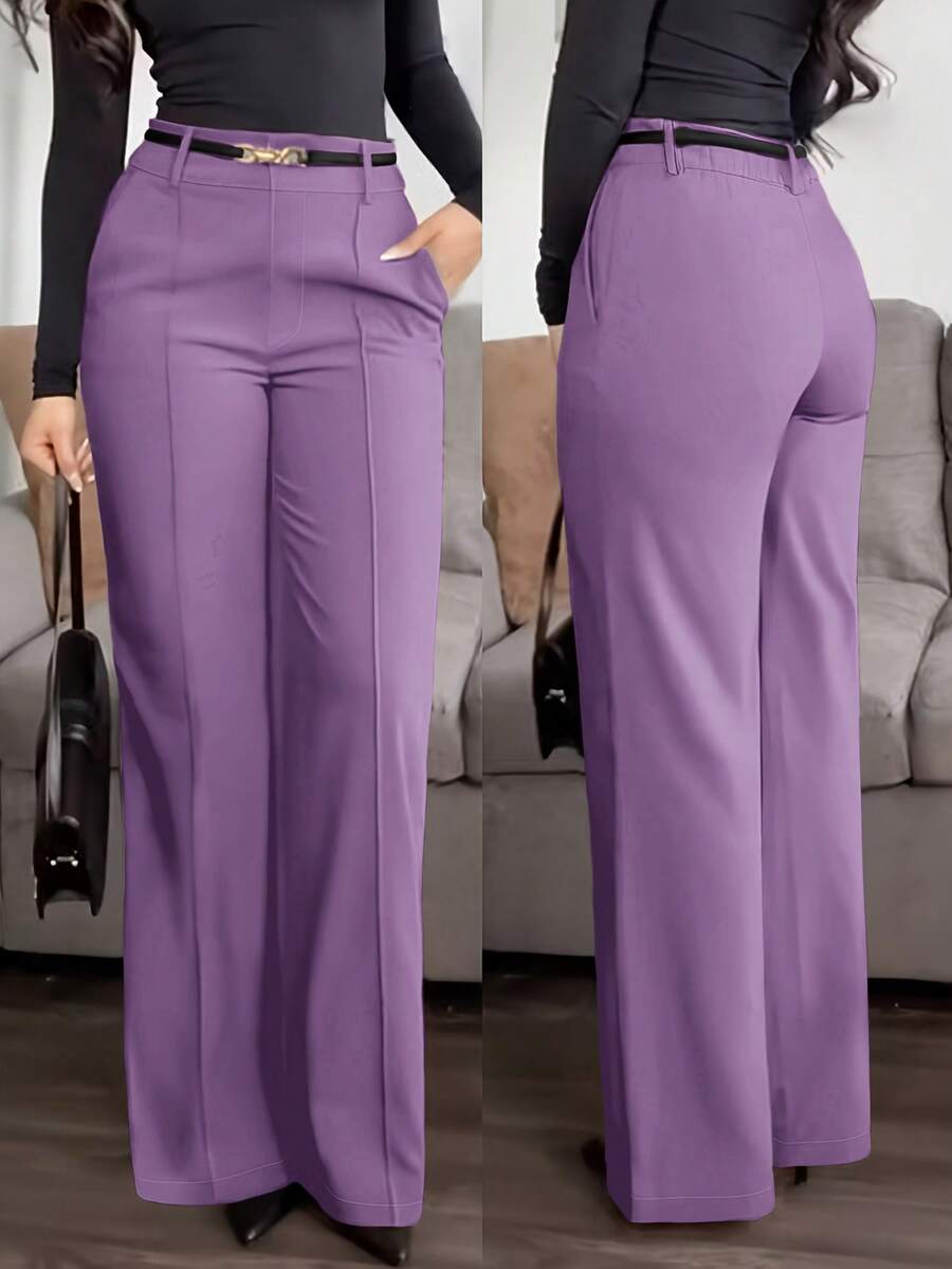 Jisfaneya Women's (No Belt) Solid Color Pants With Side Pockets And Zipper, Elegant Casual, Suitable For Office And Commuting - Purple - View 1