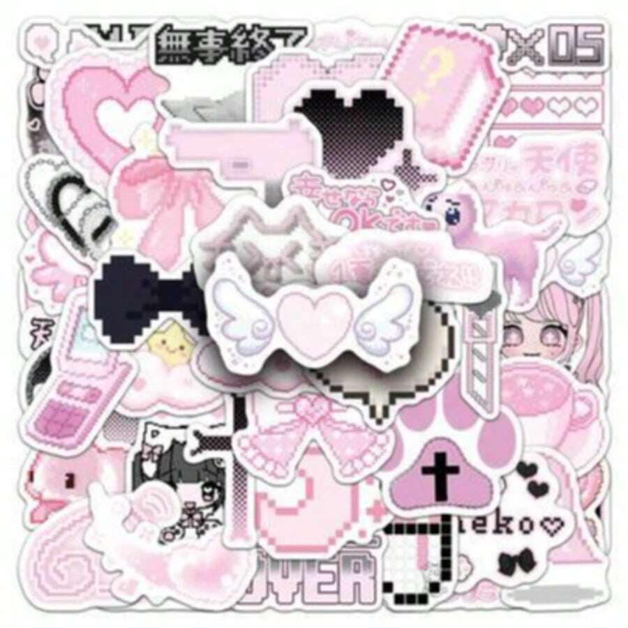 Y2K Anime Girl Pixel Stickers, Cute Dark Style Water Bottle And Notebook Stickers 50pcs/Set - Multicolor - View 1