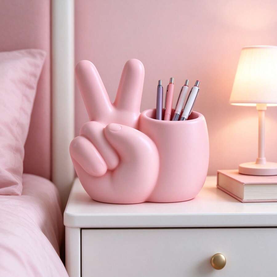 Pink V-Sign 3D Printed Storage Holder, Creative Palm-Shaped Pen Holder, Multi-Functional Stationery And Makeup Brush Organizer, Fun Artistic Desktop Decor For Study And Vanity - Pink - View 1