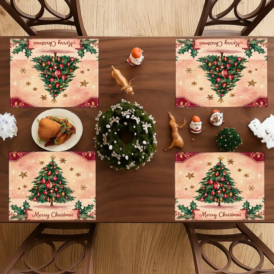 4 Pcs Vintage Pink Christmas Tree Placemats Holly Berry Snowflake Merry Christmas Table Mats For Holiday Dining Table Decor - Pink - View 1