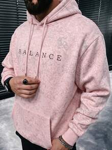 Men's Loose Drop Shoulder Distressed Washed Hoodie Sweatshirt, Autumn/Winter Brain & Heart Line Print Vintage Kangaroo Pocket Pullover - Pink - View 2