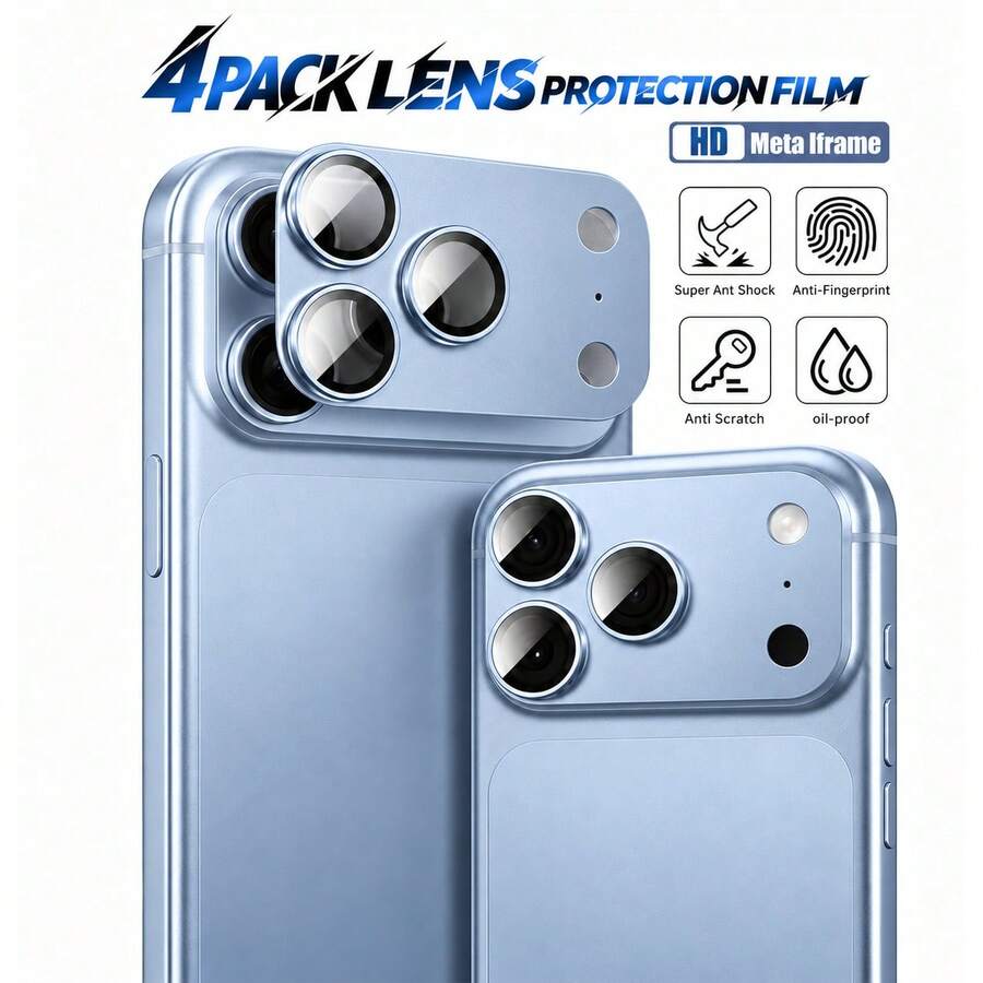 CASECOPS 4片冰藍色合金金屬相機鏡頭保護膜，適用於 iPhone 18 Pro/18 Pro Max，9H 無縫貼合設計，防刮防指紋，全面防刮防撞，高清鏡頭還原原圖畫質