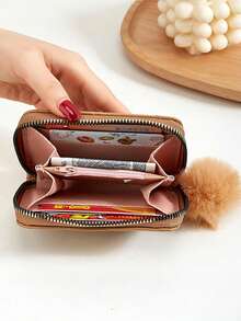Short Pom Pom Wallet, Minimalist Fashion Coin Purse, Student Quilted Card Holder, Plush Ball Bag - Multicolor - View 2