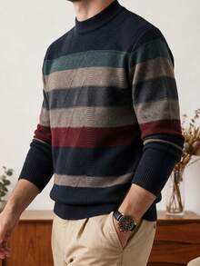 Size Runs Small, Please Check Size Chart, Men's Winter Thick Striped Knit Sweater, Business Casual Commute Men's Crew Neck Knit Top - Dark Grey - View 6