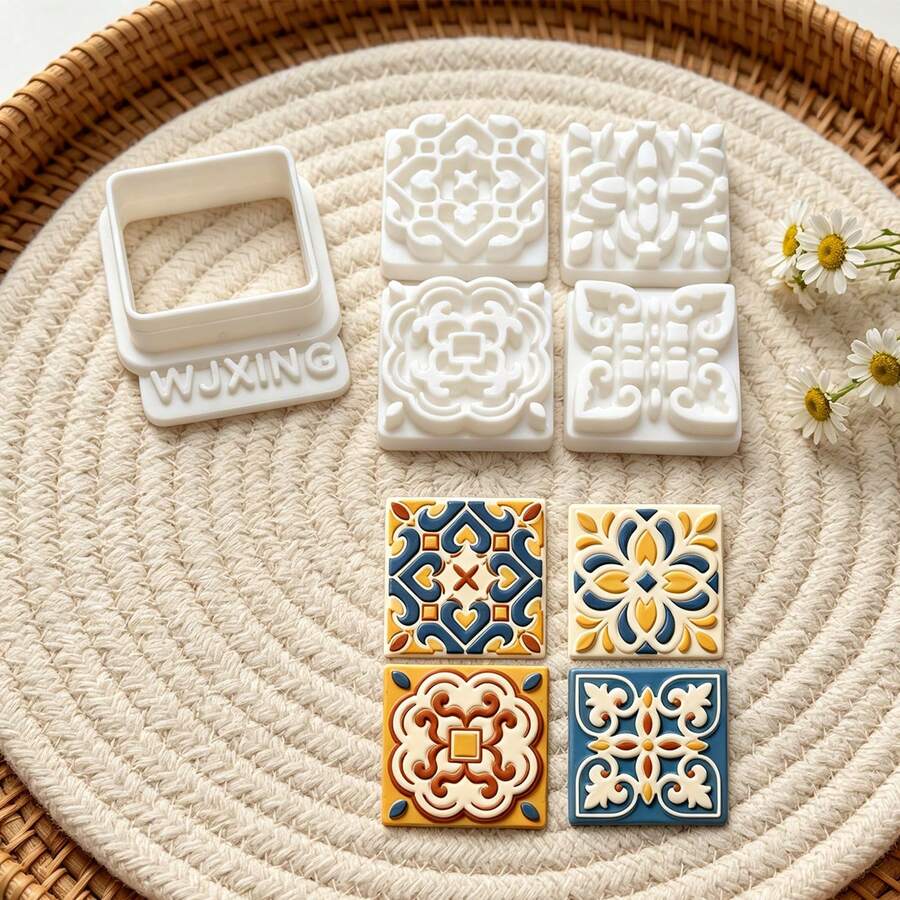 6Pcs Square Retro Floral Tile Pattern Clay Cutting Molds, Polymer Clay Tools For Handmade Earring Pendant Ornament Making, Great Gift For Craft Lovers
