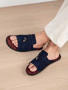 Men's Luxury One-Strap Slide Slippers With Exquisite Metal Ring Buckle Design, Delicate Suede Texture, Premium Metal Buckle Decor For Sophisticated Style, Soft Lining Conforming To Foot - Blue-red - View 5