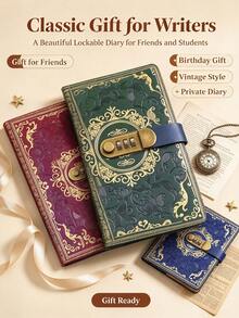 1 buah Buku Harian A5 dengan Kunci Sandi, Perencana Sampul Keras Bergaya Vintage dengan 100 Lembar, Embossing Emas, Buku Catatan Kunci Kombinasi 3 Digit untuk Hadiah - Beraneka warna - View 8