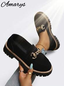 1 Pasang Sepatu Loafer Fashion Wanita, Loafer Rantai Logam Sol Tebal, Sepatu Slip-On untuk Kantor dan Perjalanan. - Hitam - View 1