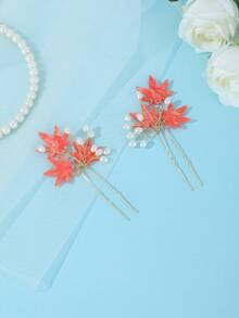 1 buah Jepit Rambut Mutiara Daun Maple Merah Elegan Bergaya Vintage, Aksesori Rambut Sanggul Pengantin - Merah - View 2