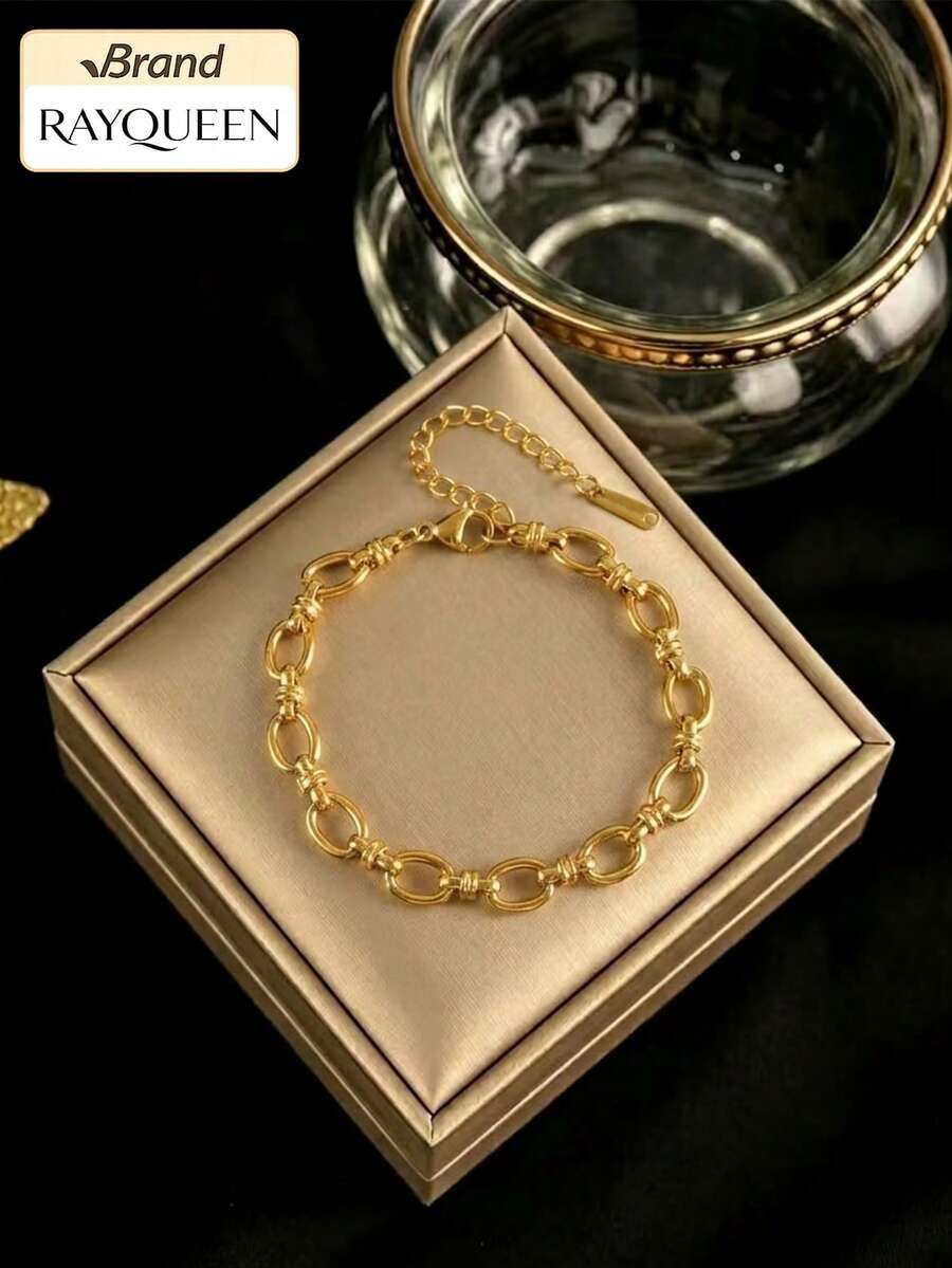 RAYQUEEN 1 قطعة سوار ذهبي جديد من الفولاذ المقاوم للصدأ بتصميم عقدة هندسية وسلسلة، مجوهرات عصرية للنساء، مناسب للارتداء اليومي، هدية - الذهبي - مشاهدة 1