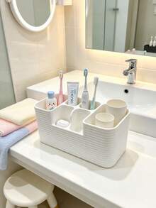 1pc Multi-Compartment Bathroom Countertop Toothbrush Holder - Large Capacity Multi-Slot Washbasin Storage Box, Suitable For Toothbrush, Toothpaste, Razor And Skincare Cosmetics, Striped Texture Bathroom Sink Storage Organizer Box, Multi-Compartment Bathroom Storage Box, Toothpaste Makeup Brush Storage Cup, Bathroom Vanity Sink Decorative Countertop Accessory - Multicolor - View 4