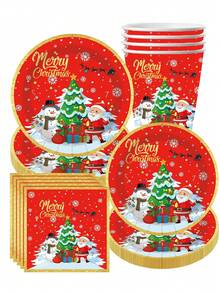 10pcs Red Santa Claus Themed Party Tableware, Paper Cups, Paper Plates, Tissues, Christmas Decorations - Multicolor - View 1