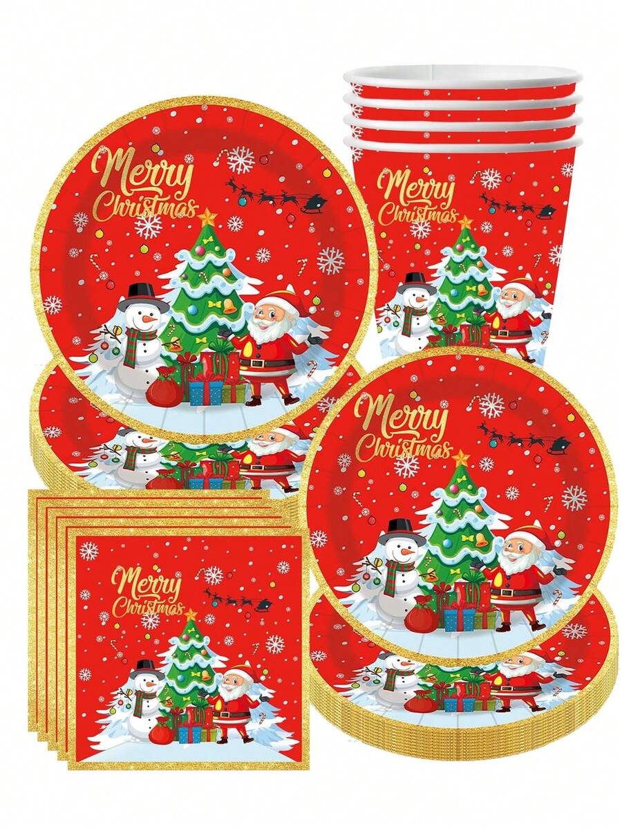 10pcs Red Santa Claus Themed Party Tableware, Paper Cups, Paper Plates, Tissues, Christmas Decorations - Multicolor - View 1