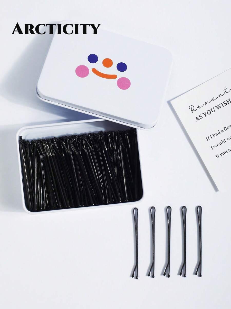 Arcticity 100PCS 5.5CM Black Flat Smiling Face Boxed Integrated Hairpin, Simple And Durable, Boxed Design, Convenient Storage, Is A Must For Women's Daily Commuting To Sort Out Bangs And Messy Hair, Creating A Magic Weapon For Neat Modeling.