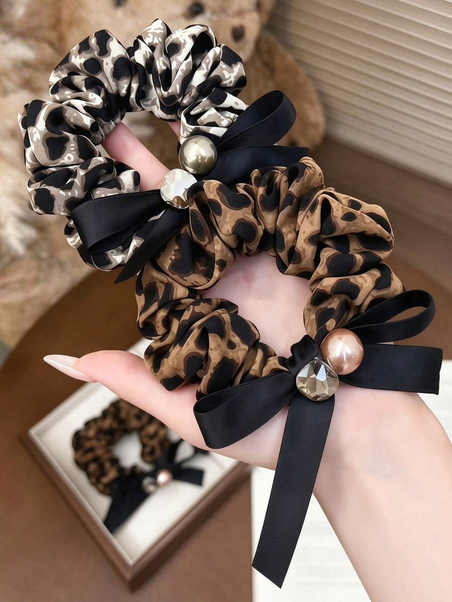 1pc Leopard Print Satin Bow Hair Scrunchie, Women's Elegant Faux Pearl & Rhinestone Decorated Hair Tie - Multicolor - View 1