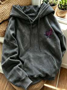 Washed Oversized Hoodie, Framed Dark Purple Rose Floral Back Graphic Print Drop Shoulder Pullover Sweatshirt - Black - View 2