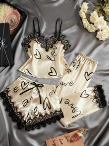 3-Piece Contrast Color Lace Letter Print Pajama Set, Spaghetti Strap Top + Elastic Waist Long Pants + Bow Decor Shorts, Comfortable Loungewear - Champagne - View 1