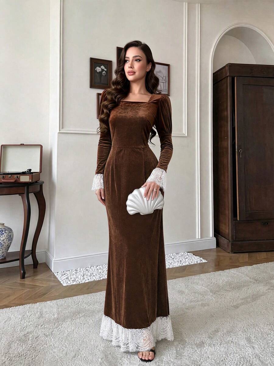 Women's Autumn/Winter Lace Patchwork Velvet Long Sleeve Dress - Brown - View 1