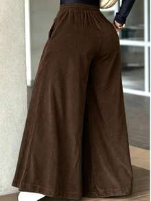Women's Casual Corduroy Wide Leg Long Pants, With Pockets, Elegant Autumn Outfit Choice - Khaki - View 2