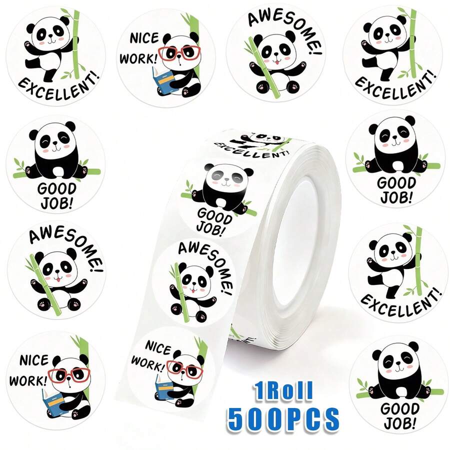 500pcs(1 Roll) Panda Stickers Green Encouragement Stickers Decorative Reward Stickers Panda Bamboo Stickers Suitable For Handmade Self-Adhesive Labels Incentive Encouragement Stickers Gift Decoration Stationery Stickers Back To School Gift Stickers - Multicolor - View 1