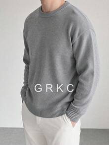 GRKC كنزة صوفية رجالية بأكمام طويلة وياقة دائرية، ملابس علوية محبوكة بسيطة ذات نسيج بلون موحد للارتداء اليومي، خريف/شتاء - رمادي - مشاهدة 4