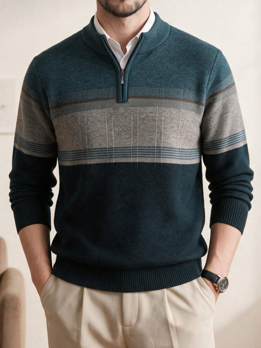 Men Color Block Quarter Zip Sweater, For Fall Winter, Long Sleeve Top - Green - View 1