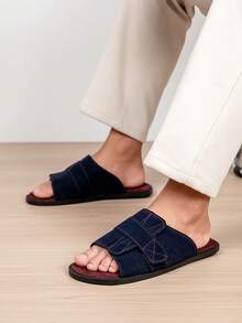 Vintage Men's Outdoor Slippers With Cross-Strap Hook And Loop Design, Easy On/Off, Soft Fleece Lining, Foot Protection, Minimalist Style, Versatile For Daily Commute And Casual Wear - Blue-red - View 3