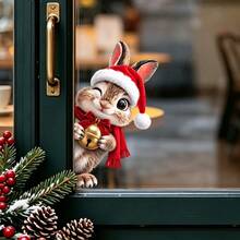 1/3pcs Cute Rabbit Wearing Christmas Hat Peeking Window Sticker, Double-Sided Visible PVC Electrostatic Adhesion Glass Decal, Suitable For Home Holiday Party Decoration - Multicolor - View 4