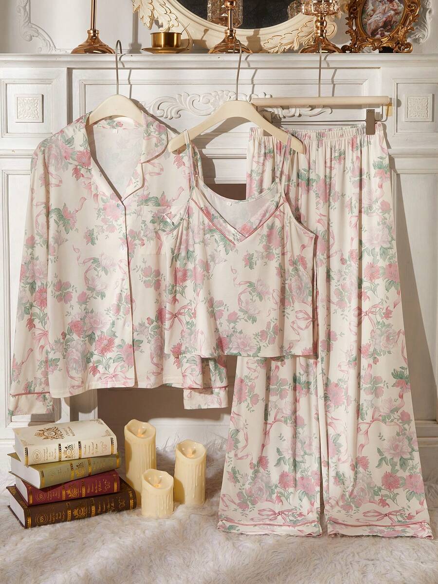 3pcs/Set Autumn/Winter Floral Print Trim Front Button Lapel Long Sleeve Top, Camisole Top, Long Pants Women's Pajama Set - Multicolor - View 1
