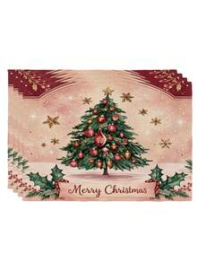 4 Pcs Vintage Pink Christmas Tree Placemats Holly Berry Snowflake Merry Christmas Table Mats For Holiday Dining Table Decor - Pink - View 6