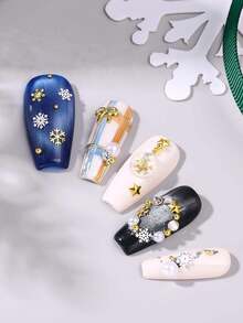 6-Grid Christmas Nail Art Decorations, Gold Star Bow Snowflake Metal Rivets, White Pearl & Gold Micro Beads, Winter Holiday DIY Nail Decor - Multicolor - View 6