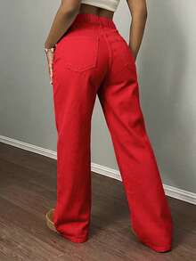 Plus Size Loose Fit Denim Jeans With Zipper Pockets And Buttons, Women's Casual Autumn/Winter Clothing, Slim Fit Long Pants, Red Autumn Style - Red - View 2