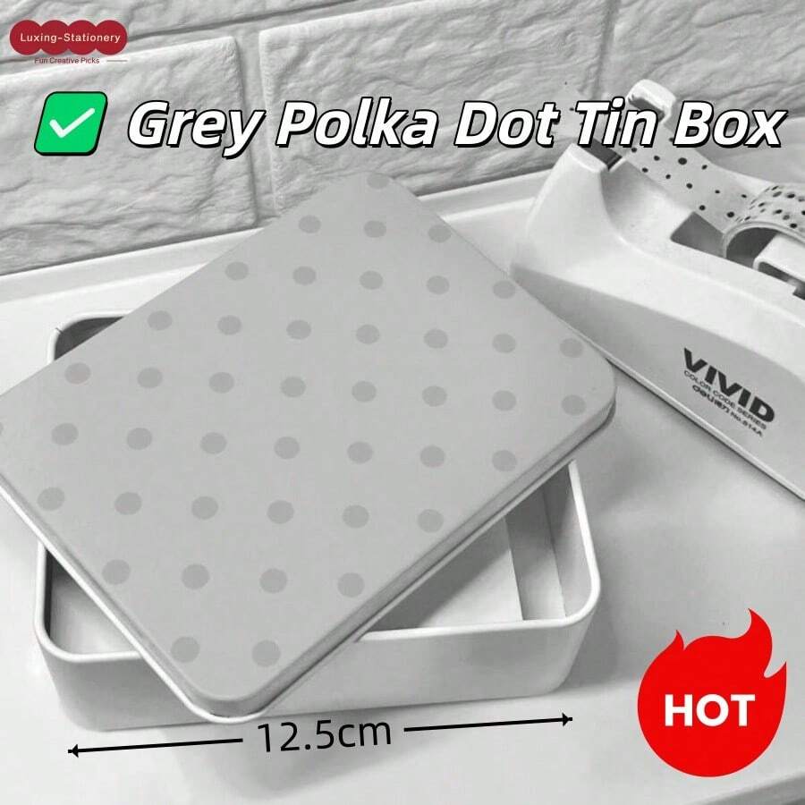 Grey Round Polka Dot Iron Box, Small Card Storage Box, Photo Storage, Paper Slip Storage, Postcard Storage, Document Storage, Student, Fan, Desk Organization, Collectible Storage, Holiday Gift, Birthday Gift, Scrapbook Material Storage, Highly Attractive Storage Box - A - View 1