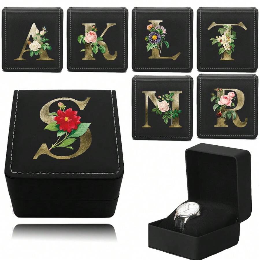 Pu Square Black Creative Watch Box With Gift Bag High Quality Wristwatch Case New Luxury Watch Box Moisture Proof Dustproof Display Organizer Case Holiday Gift Decoration Casket Initial Name 26 Letters Pattern