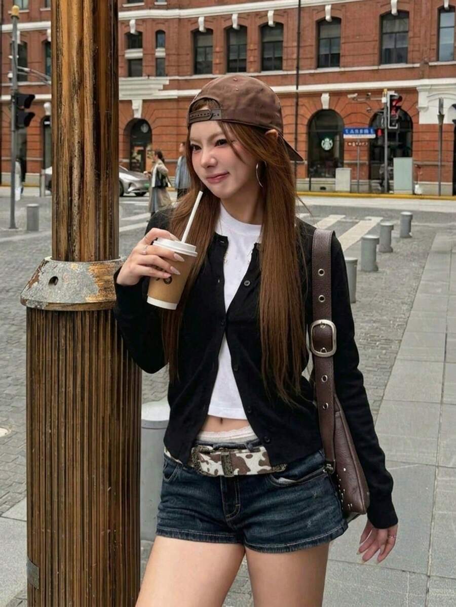 Cardigan Lengan Panjang Hitam Elegan untuk Wanita, Rajutan Rib, Kancing Depan, Potongan Reguler, Pakaian Luar Serbaguna - Hitam - View 1