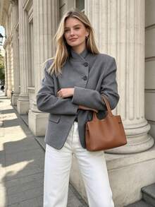 Elegant Women's Long Sleeve Regular Fit Grey Woven Fabric Overcoat, Featuring Unique Asymmetrical Button Design, Suitable For Autumn/Winter Wear - Grey - View 3