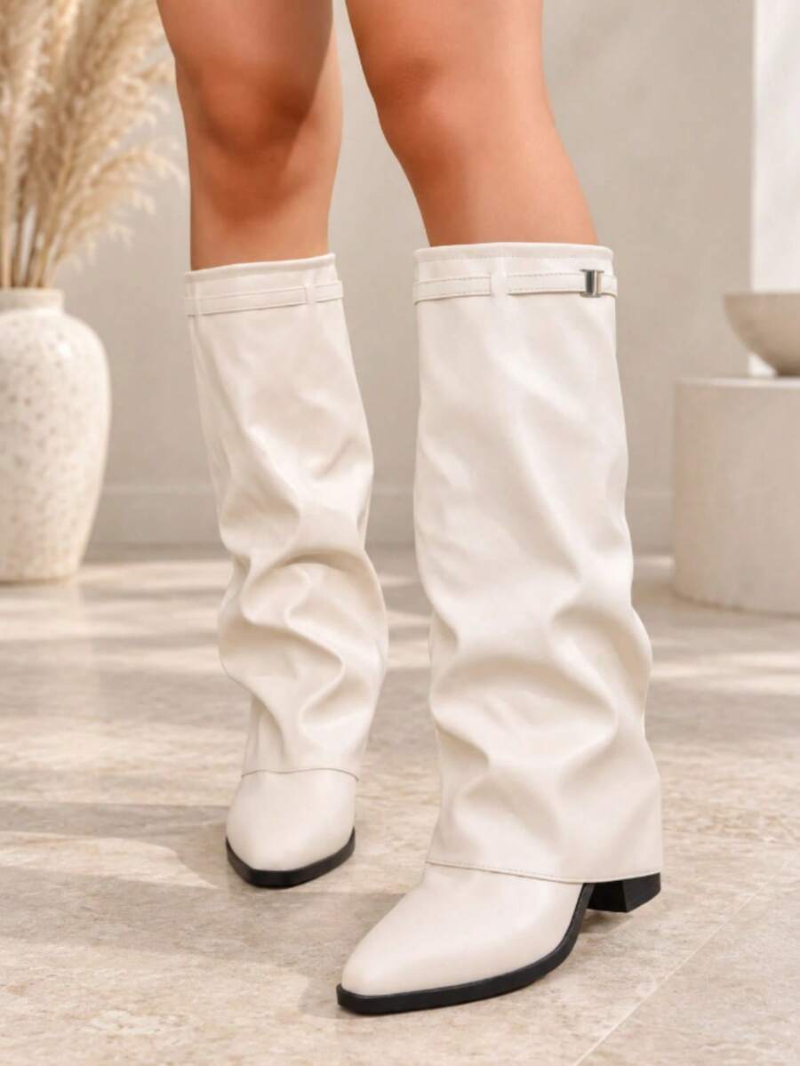 Women's Beige Knee-High Boots With Thick Heel, Fold-Over Design, Buckle Decor, Elegant Wrinkled Style, Comfortable Plus Size Fashion Boots For Any Outfit - Beige - View 1