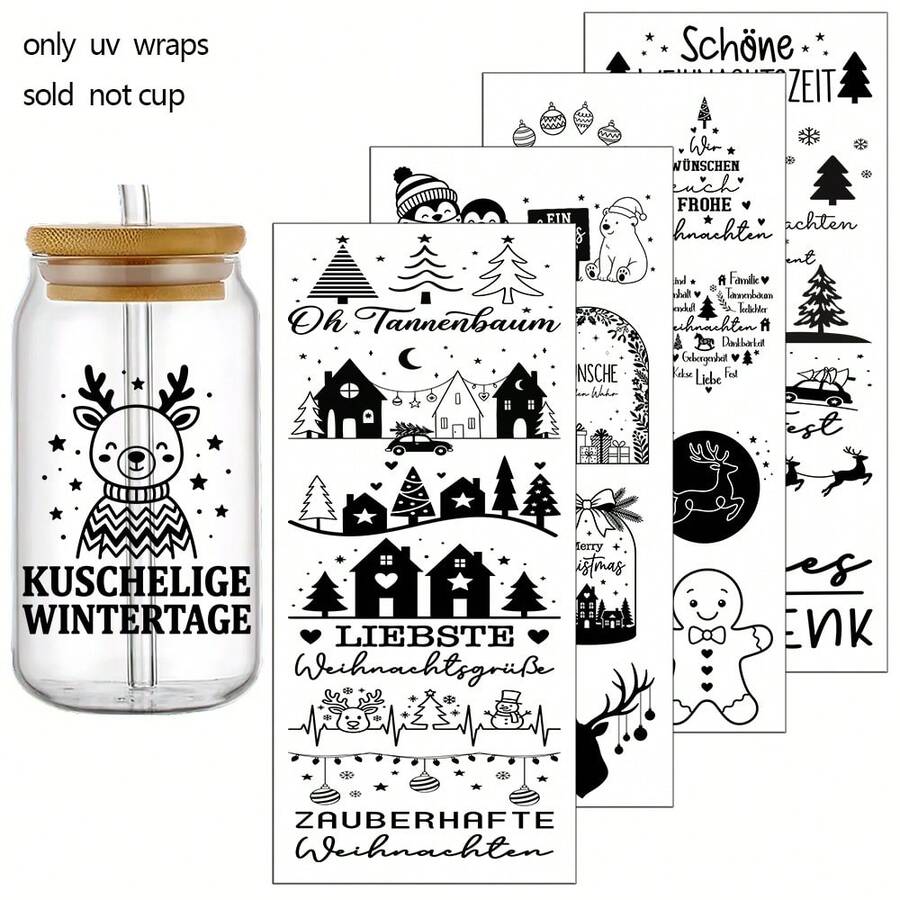 4pcs/Set German Christmas Quote Theme Patten UV Transfer Stickers - For DIY Crafts, Mugs, Laptops & Water Bottles, Self-Adhesive Plastic Decals, DIY Mug Decoration, Laptop Decals, Holiday Decorations, Festive Designs, Highquality Prints - Multicolor - View 1