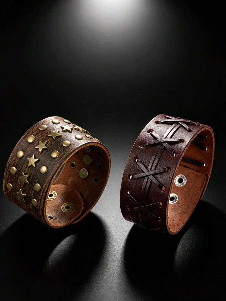 2pcs Vintage Fashion Textured Bracelets, Suitable For Daily Vintage Sports Style Outfit, Unisex, Exquisite Gift For Men And Women - Brown - View 1