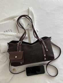 New Large Capacity Women's Tote Bag, Versatile Commuter Shoulder Bag With Small Pouch - Coffee - View 3