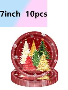 10pcs Christmas Tree Theme Party Supplies Tableware Atmosphere Decoration Paper Plates Paper Cups Paper Towels - Multicolor - View 6