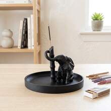 Black Sitting Elephant With Curved Trunk Incense Holder, Paired With Round Ash Tray, Zen Style, Tea Room Study Desk Incense Decoration Ornament - Multicolor - View 11
