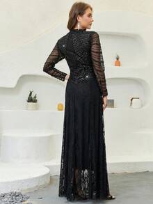 JINLICX Elegant Women's Sequin Beaded Long Sleeve Stand Collar Glamorous Maxi Dress For Formal Events - Black - View 6