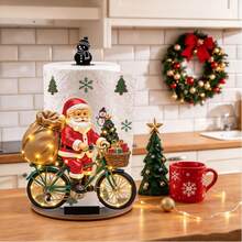2D Flat Green Bicycle Santa Claus Print Paper Towel Holder, Acrylic Material Vertical Roll Paper Storage Rack, Kitchen Dining Table Decor Ornament, Easy Installation, Suitable For Christmas Party Home Room Decoration (Paper Towel Not Included) - A - View 2